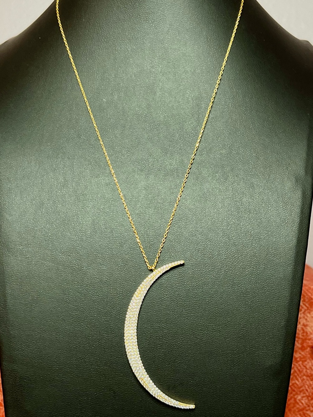 Gold over 925 Sterling CZ Moon Necklace 16-18” pendant is approx 2”